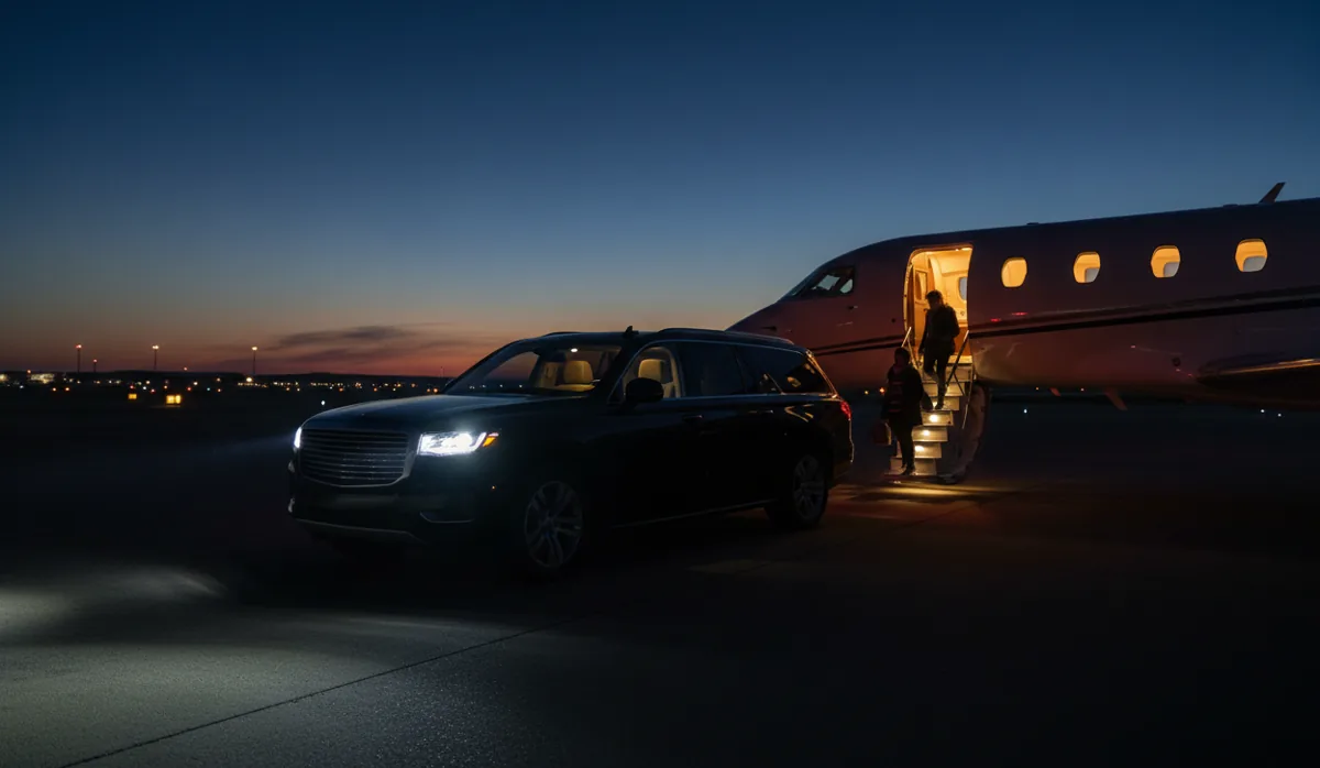 A luxury SUV parked on the tarmac next to the stairs of a private jet at dusk.