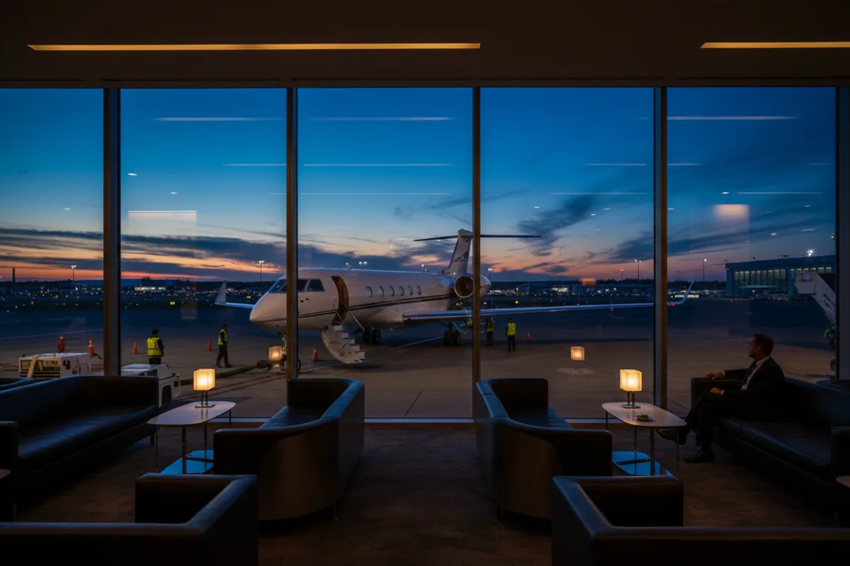 View of a private jet on the tarmac from inside a modern, luxurious airport lounge at dusk.