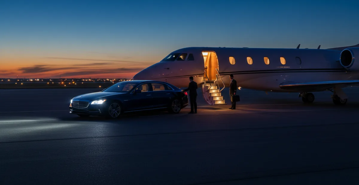 A luxury car parked next to a private jet on the tarmac at twilight, ready for boarding.