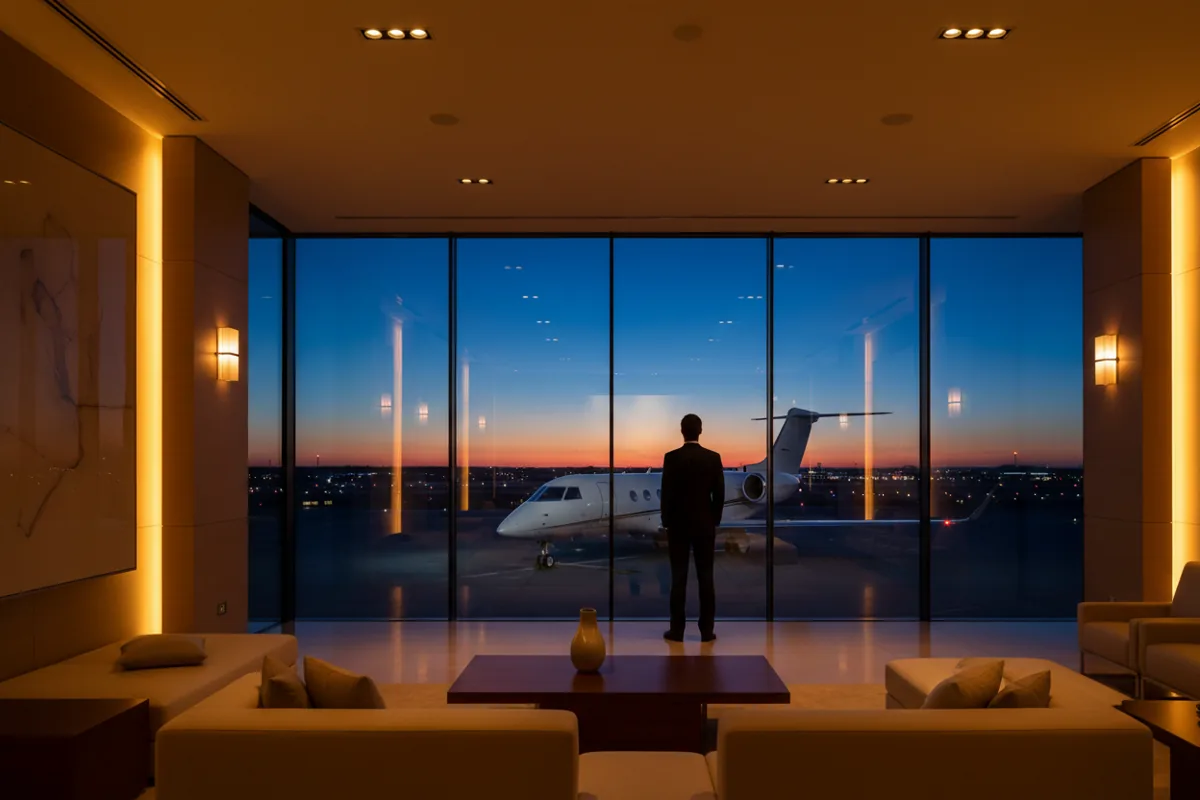 A person looks out from a luxury airport lounge onto a private jet on the tarmac at twilight.