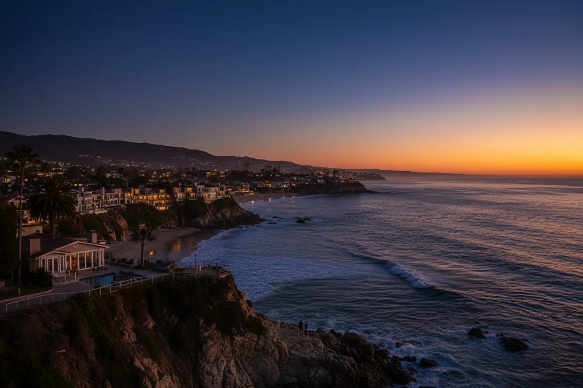 The coastline of Laguna Beach, California, at dusk, with lights from hillside homes glowing.
