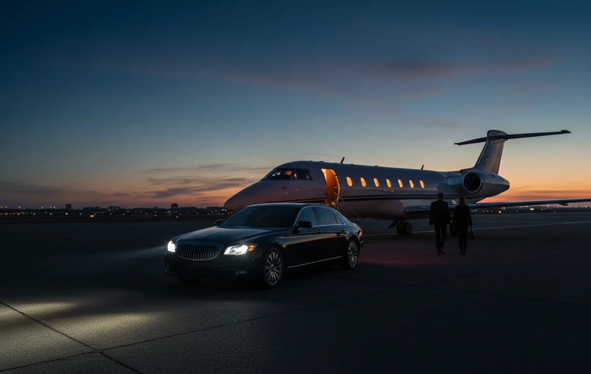 A luxury sedan waits on the tarmac next to a private jet at dusk.