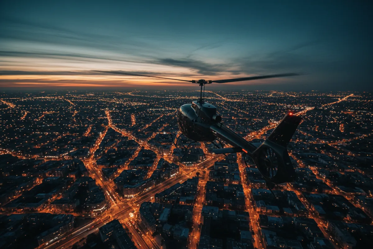 A helicopter flies over a brightly lit city at dusk.