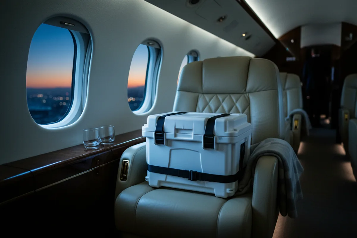 A medical organ transport cooler is buckled into a seat on a private jet.