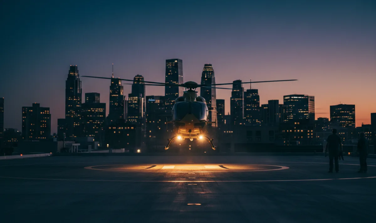 A helicopter lands on a hospital rooftop helipad at twilight with a city skyline in the background.