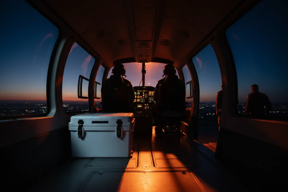 A medical cooler for organ transport sits on the floor inside a helicopter, lit by the glow of the cockpit.