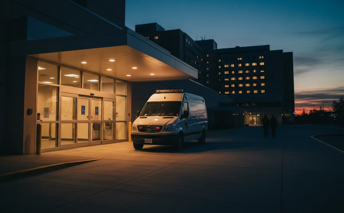 An unmarked white transport van in a quiet hospital ambulance bay at night.