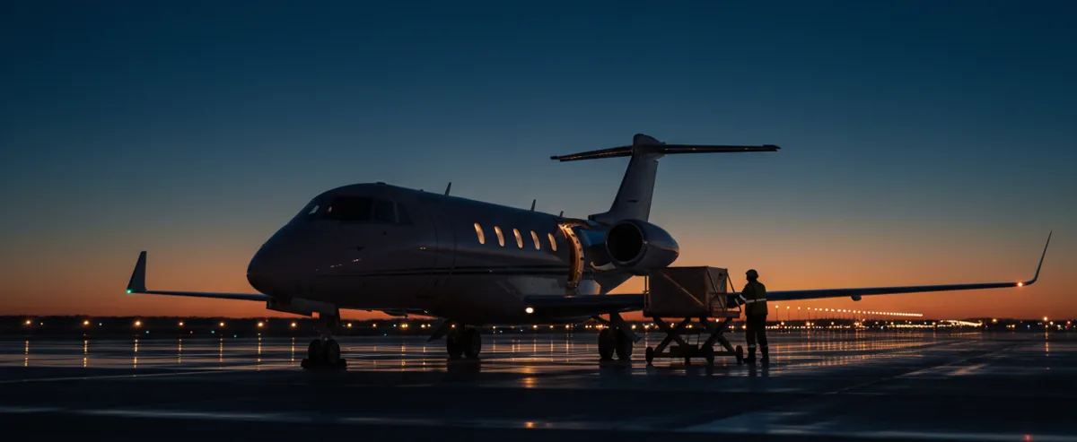 A private jet on an airport tarmac at dusk is being loaded with a small container.