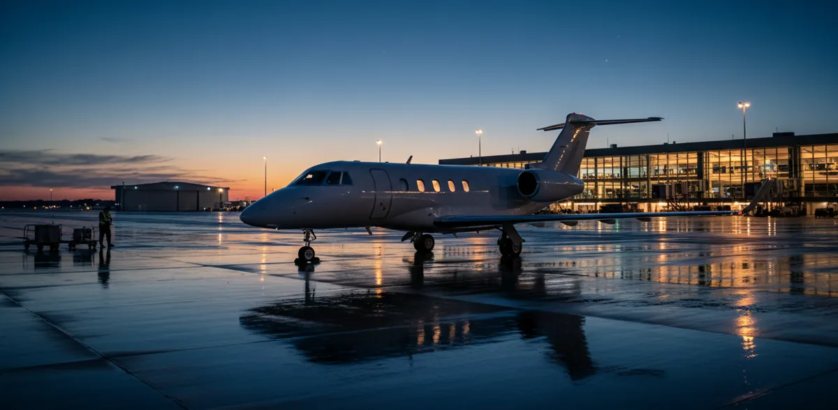 A private jet on an airport tarmac at dusk, with lights reflecting on the wet ground.