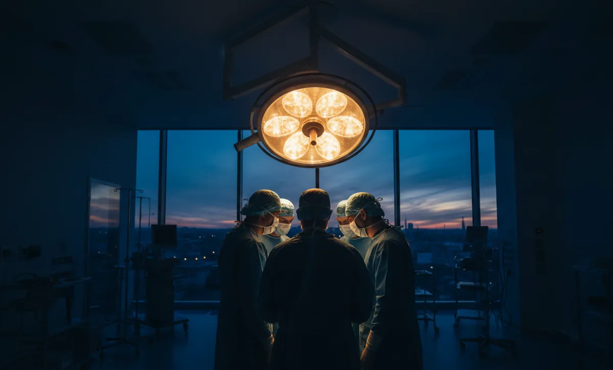A surgical team at work under a bright light in a modern operating room.