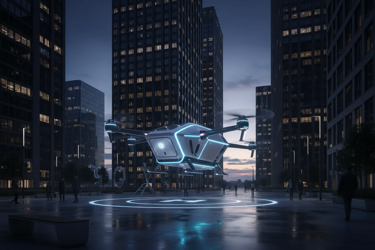 A medical transport drone with glowing lights hovers in a city plaza at twilight.