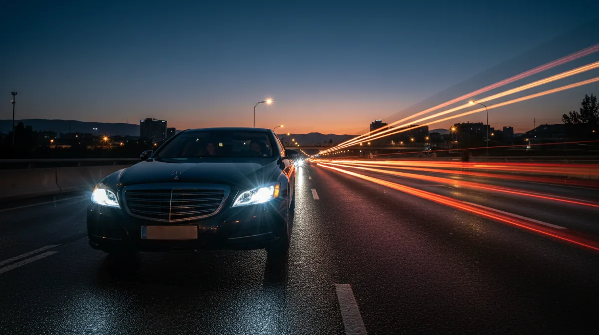 A black luxury car drives on a highway at dusk, with light trails from other vehicles in the background.