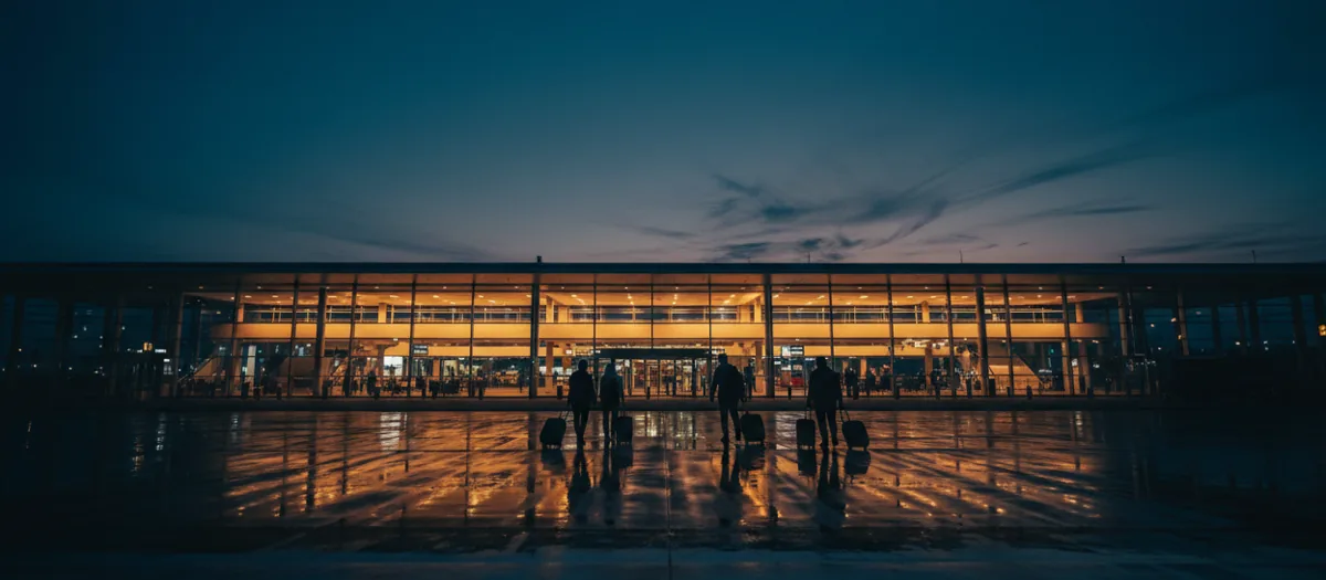 A modern airport terminal with glowing glass walls at dusk, with a few travelers walking outside.