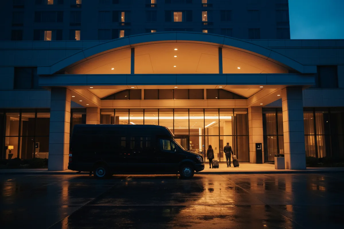 A modern hotel shuttle van waiting for passengers at the entrance at dusk.
