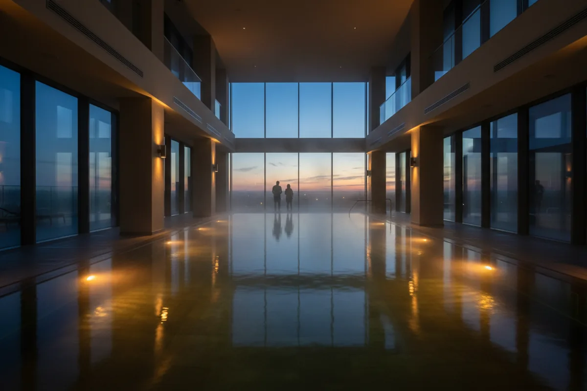 An empty, illuminated hotel swimming pool at twilight.