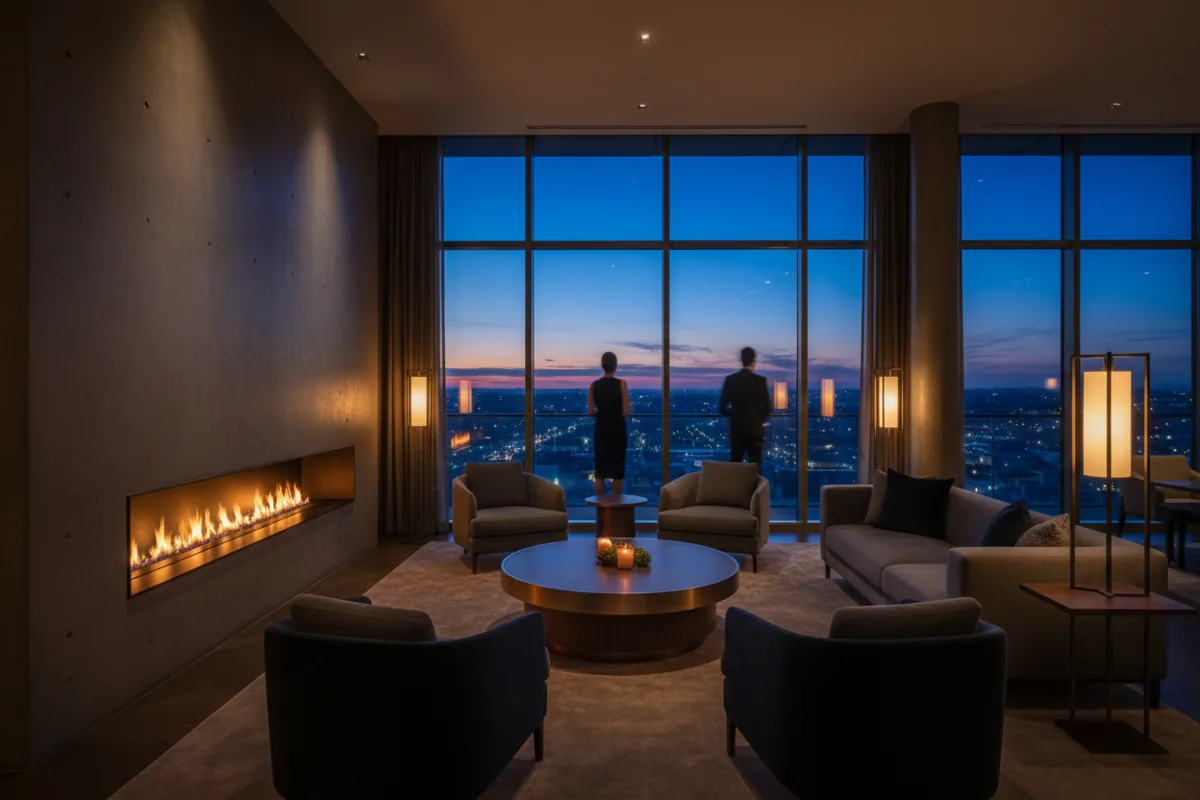 The modern, warmly lit lobby of a boutique hotel in the evening.