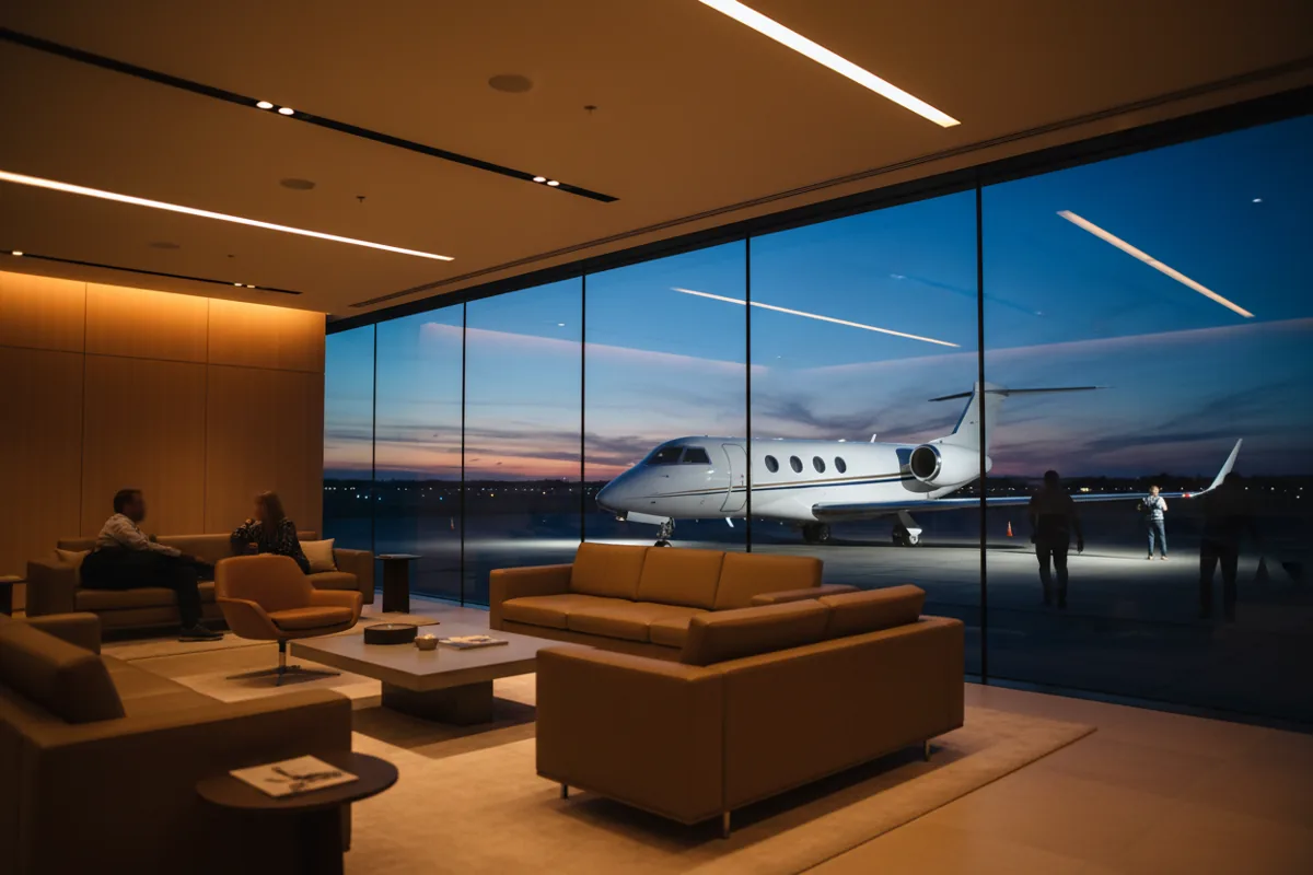 A private jet on the tarmac at dusk, viewed from inside a luxury airport lounge.