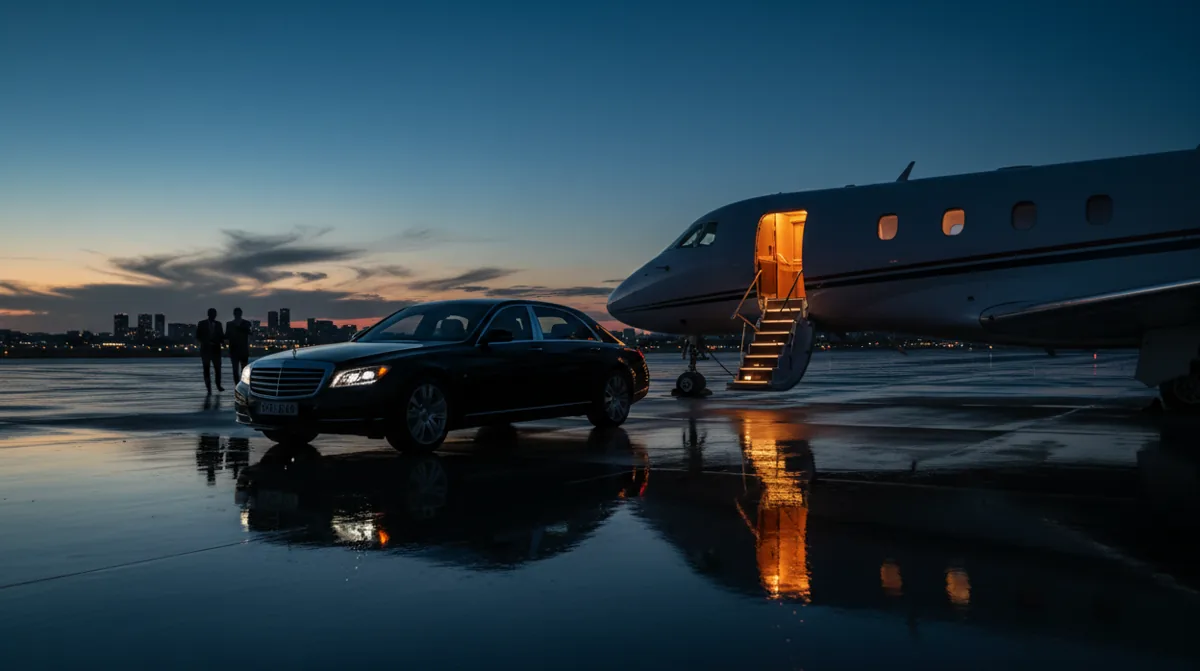 A luxury sedan waits on the tarmac beside the stairs of a private jet at twilight.