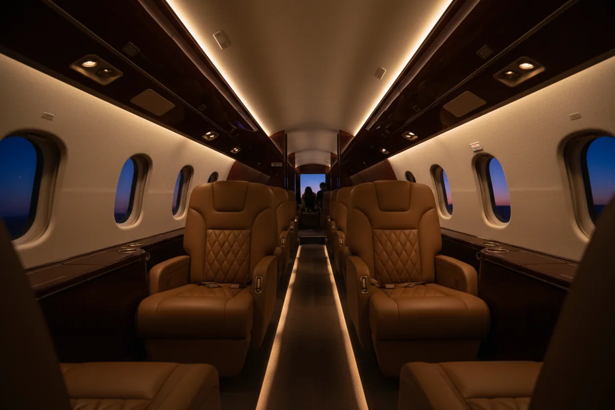 The empty, luxuriously lit cabin of a private jet at night.