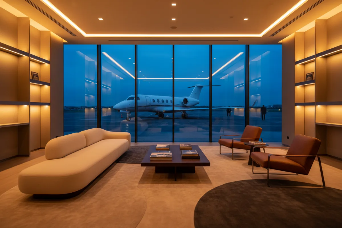 A modern, empty airport lounge at dusk, looking out at a private jet on the tarmac.