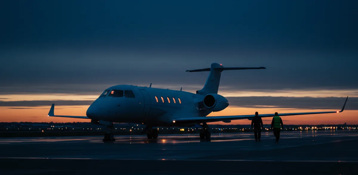 A white private jet sits on a sunny airfield tarmac under a clear blue sky.