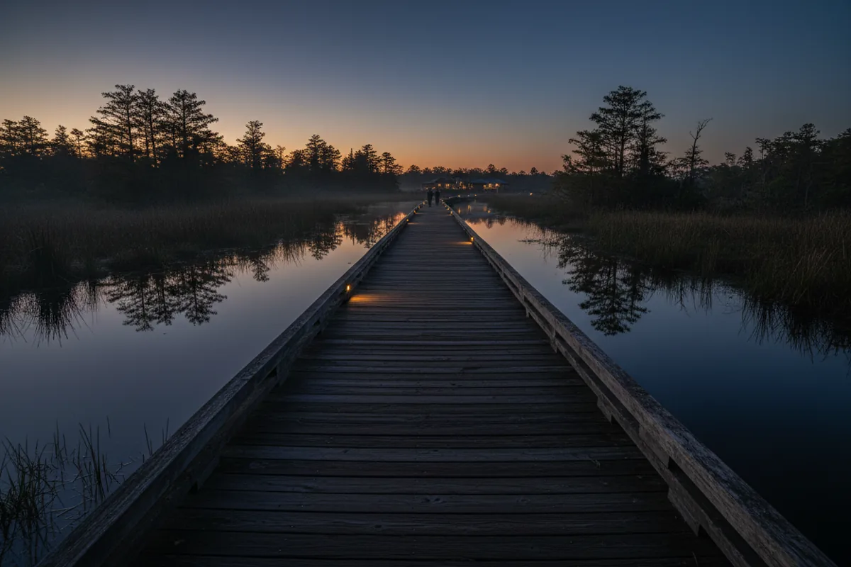 A tranquil wooden boardwalk over the water at Armand Bayou Nature Center, a peaceful attraction near Pasadena, Texas.
