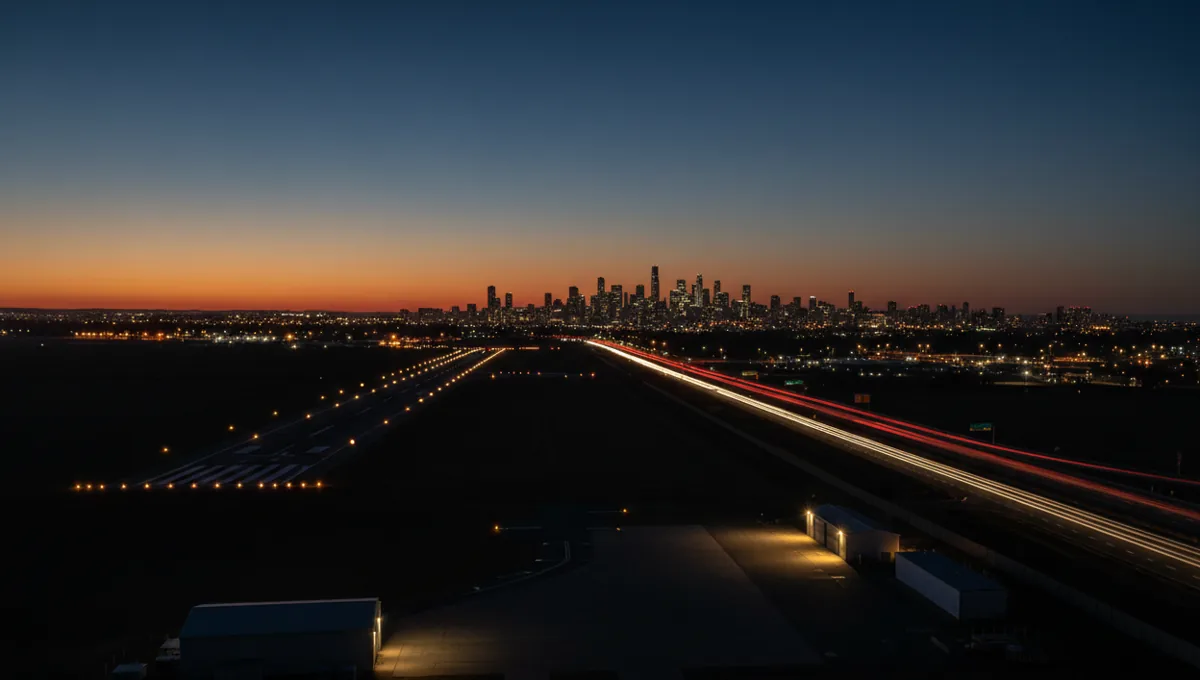 A small private airport at twilight, with a highway leading towards a distant city skyline.