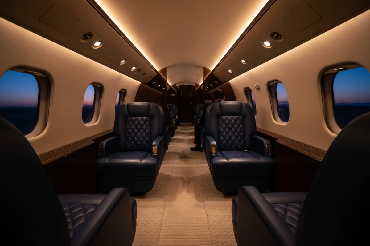 Luxurious interior of an empty private jet cabin with warm lighting at dusk.