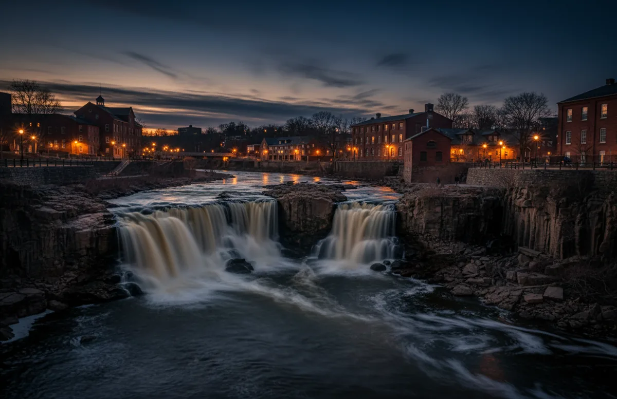 The Great Falls in Paterson, New Jersey, illuminated by warm lights at dusk.