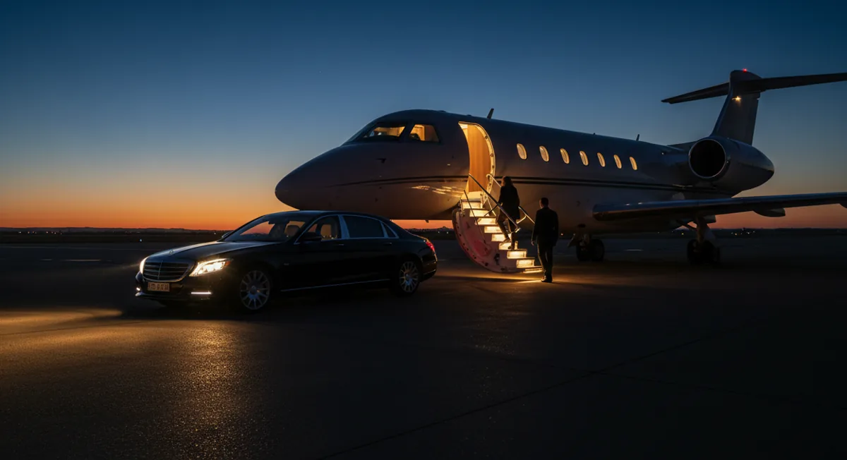 A luxury car is parked beside the glowing stairs of a private jet on the tarmac at twilight.