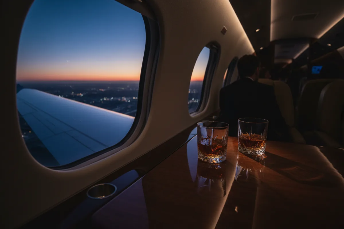 View from a private jet window at dusk, with drinks on a table inside the luxurious cabin.