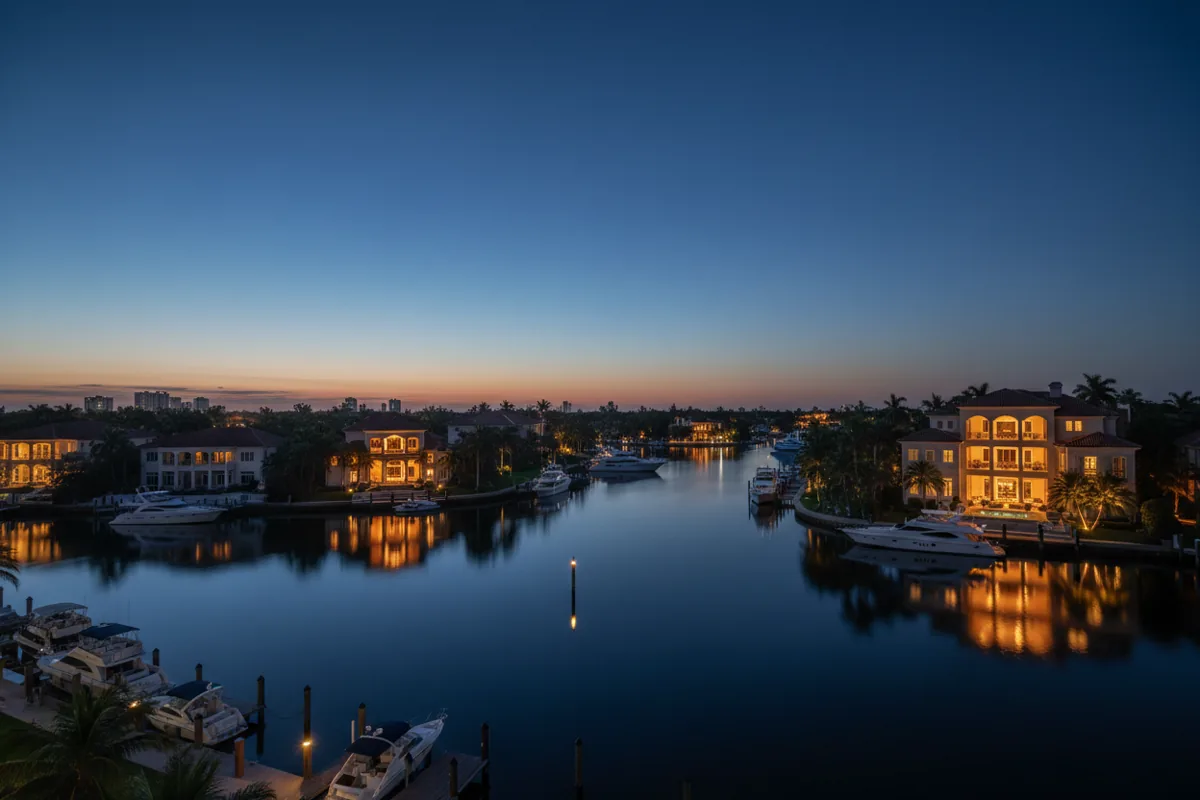 An upscale waterfront community with illuminated homes and yachts docked in a marina at twilight.