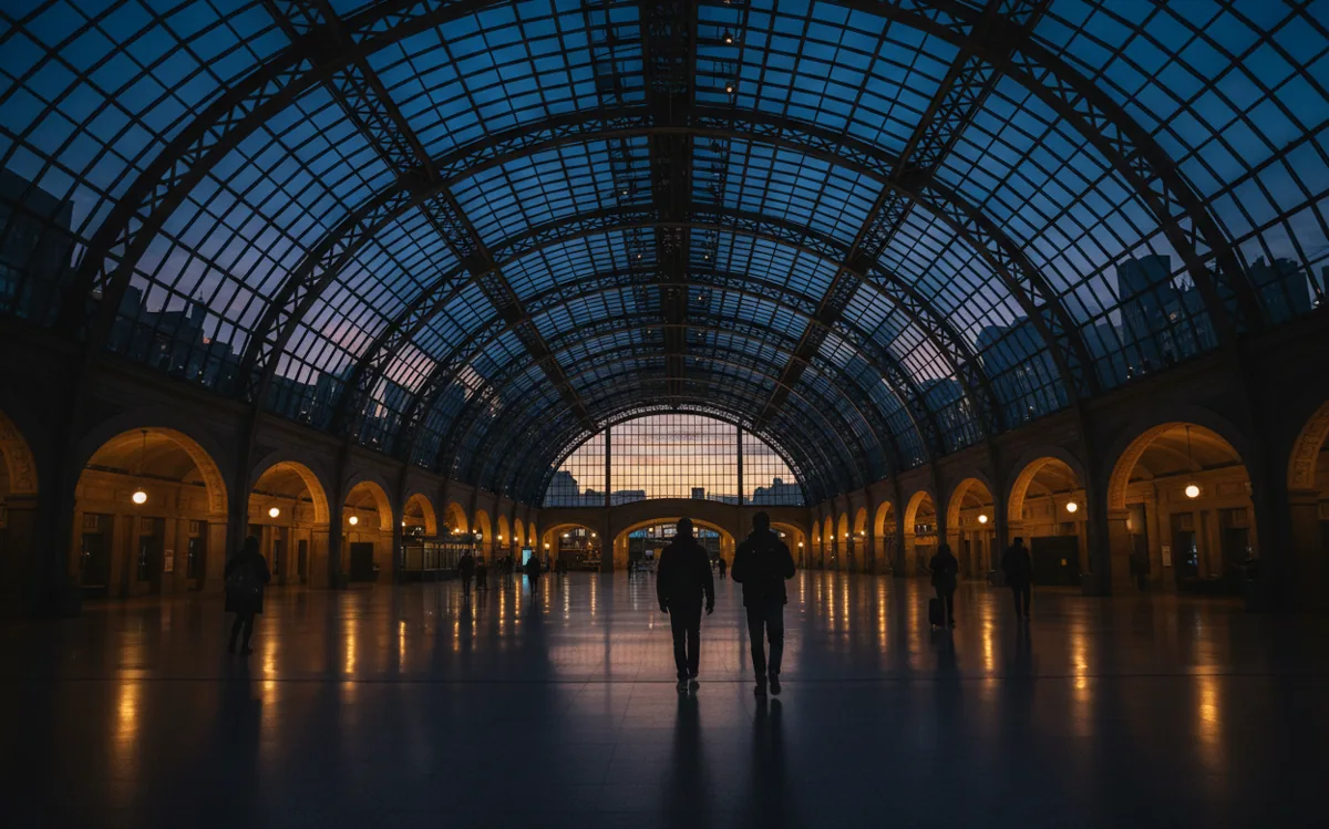 Sunlight streaming through the arched glass skylight of Moynihan Train Hall.
