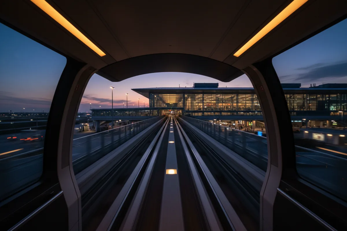 View from the front of an elevated airport train approaching a glowing terminal at dusk.