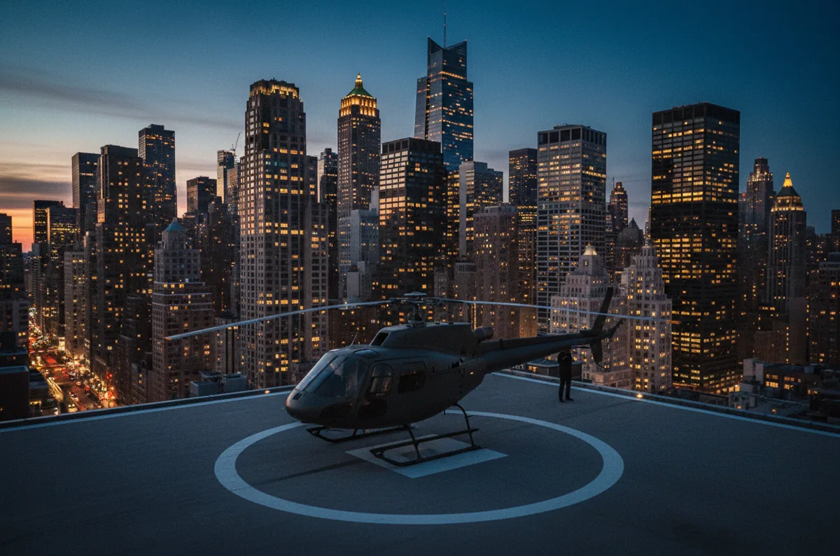 A helicopter on a rooftop helipad at dusk, with the glowing lights of the Manhattan skyline in the background.