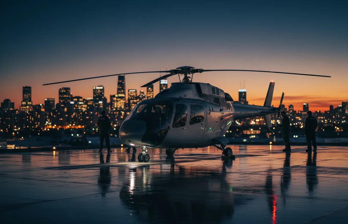 A helicopter on a city heliport tarmac at dusk with blurred city lights in the background.