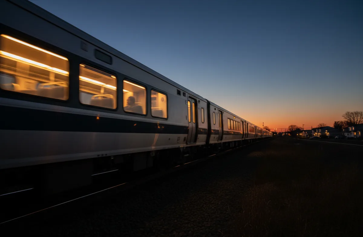 A commuter train with blurred motion traveling through New Jersey at dusk.