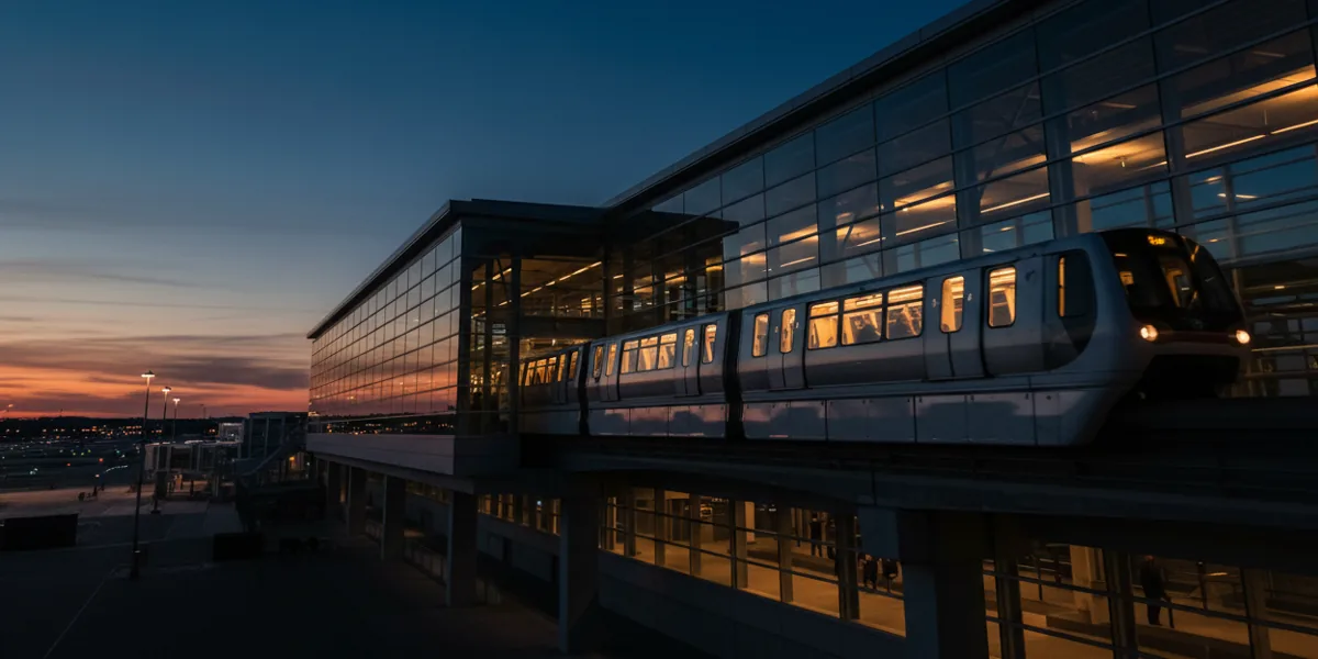 An airport monorail train arriving at a glass terminal station at twilight.