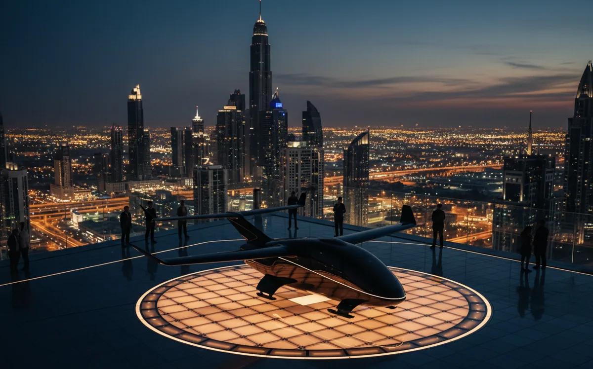 A personal air taxi on a glowing rooftop landing pad at night with a city view.