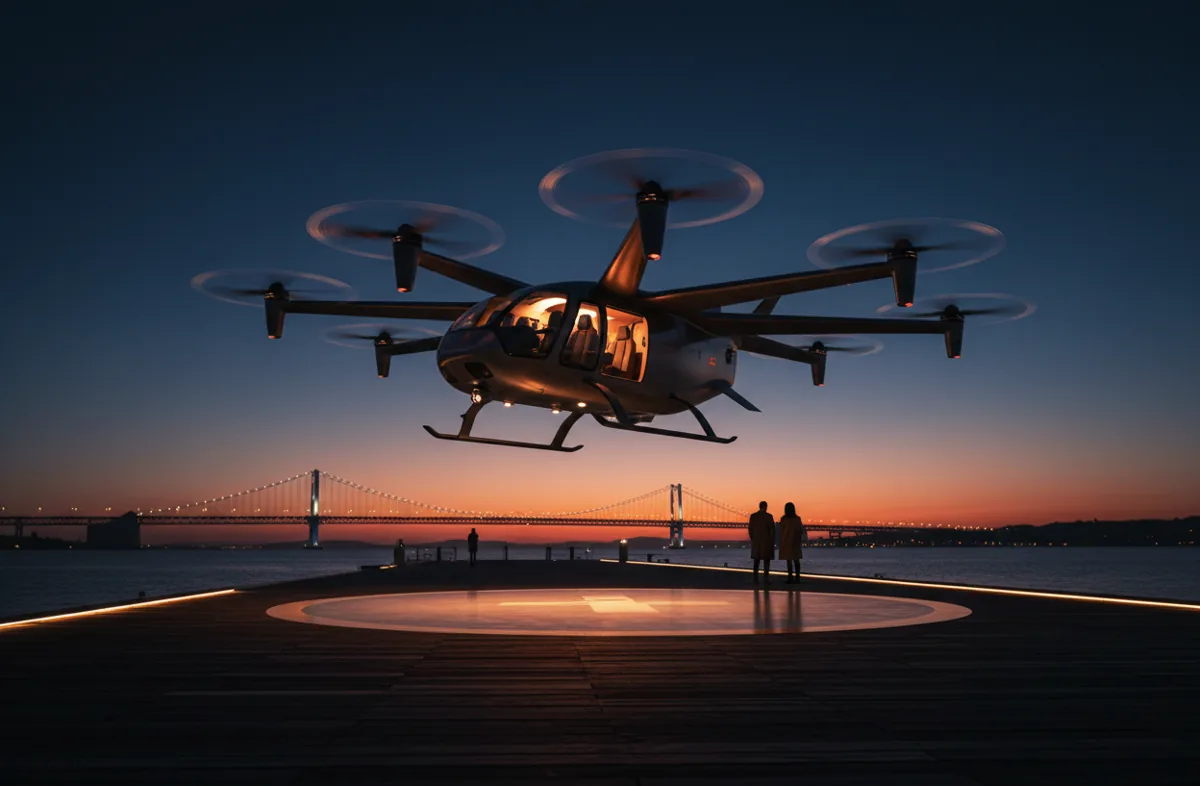 An eVTOL aircraft hovers vertically above a waterfront landing pad at dusk.
