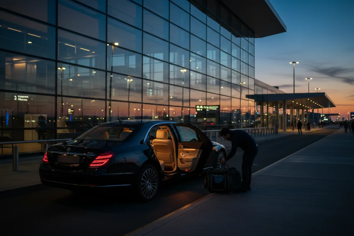 A person putting a pet carrier into a luxury car outside an airport terminal at night.