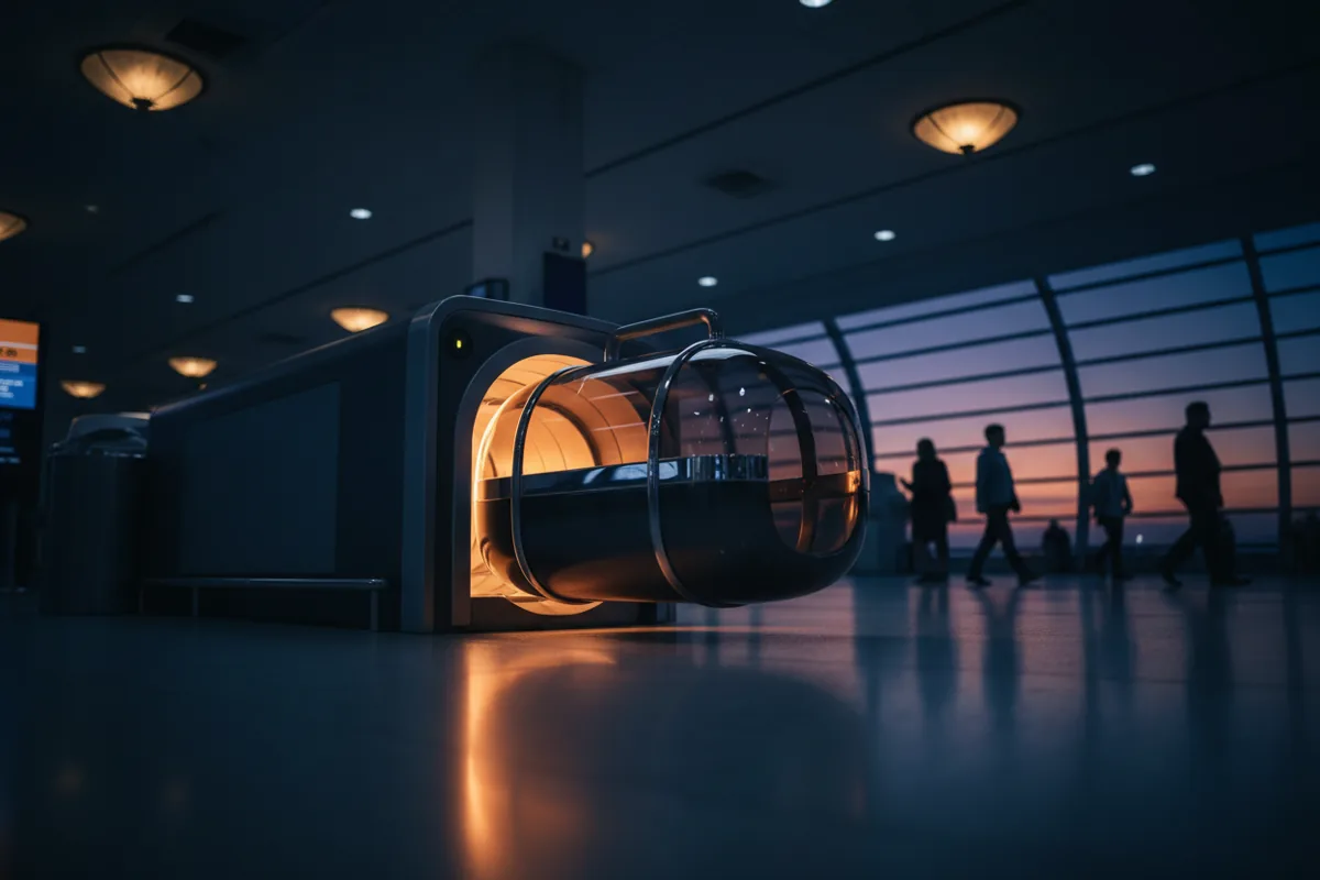 A pet carrier on a conveyor belt entering an airport security X-ray machine.