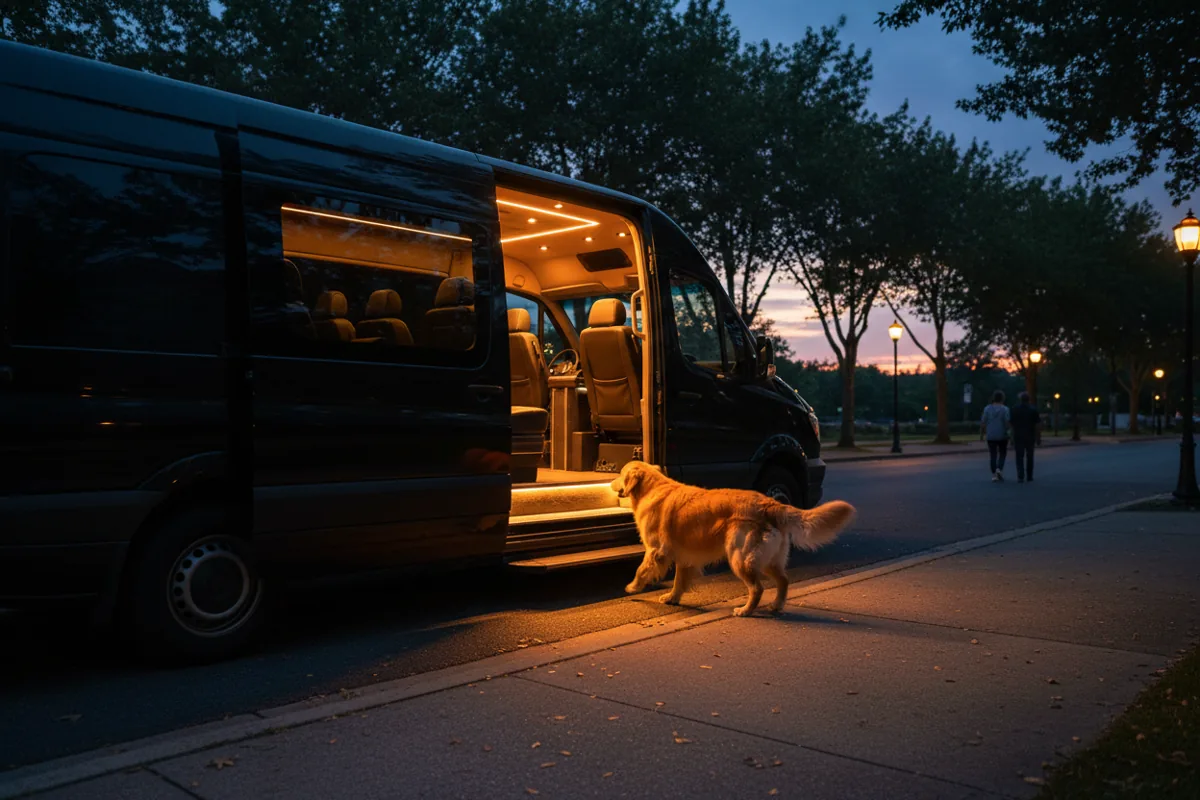 A dog prepares to board a luxury van with its interior lit up at twilight.