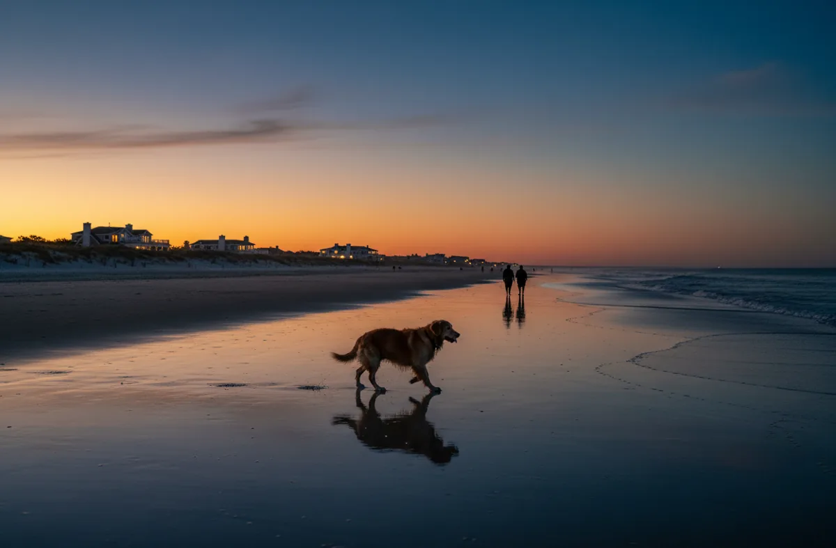 A dog runs on a wet beach at dusk, with the twilight sky reflecting in the water.