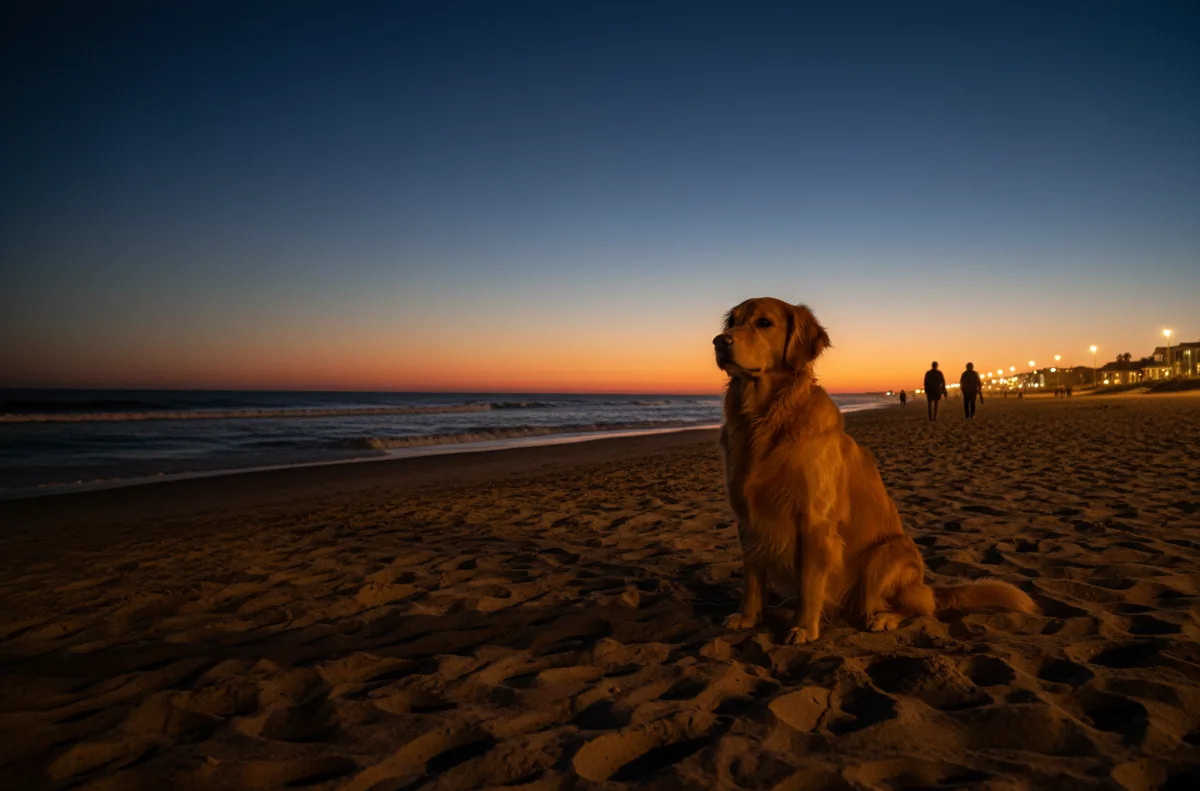 A golden retriever sits on a sandy beach at sunset, looking towards the ocean waves.