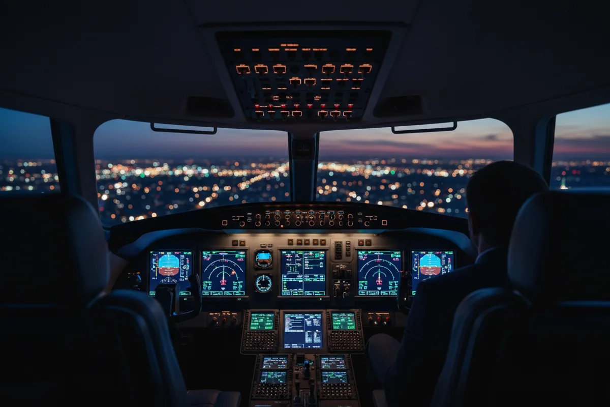 The glowing instrument panels of a private jet cockpit at night, with city lights visible through the front window.