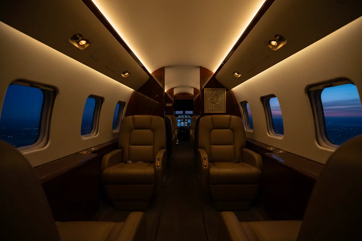 The empty, warmly lit cabin of a luxurious private jet at twilight, showing plush leather seats.