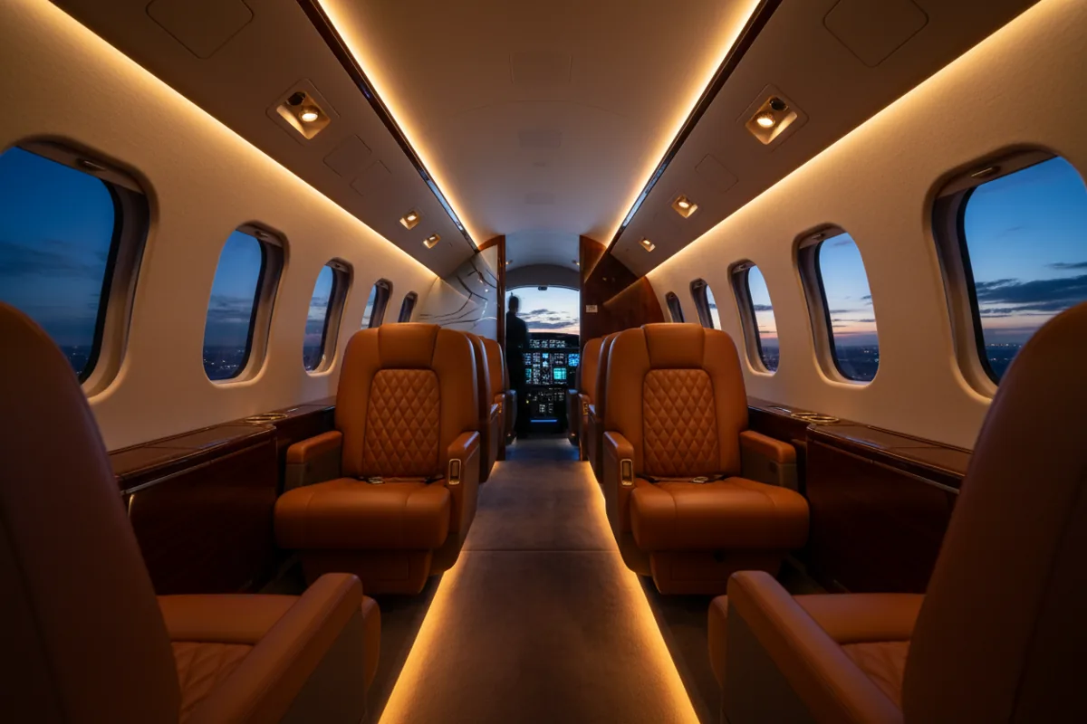 The empty, luxurious interior of a private jet cabin at twilight, seen through the windows.