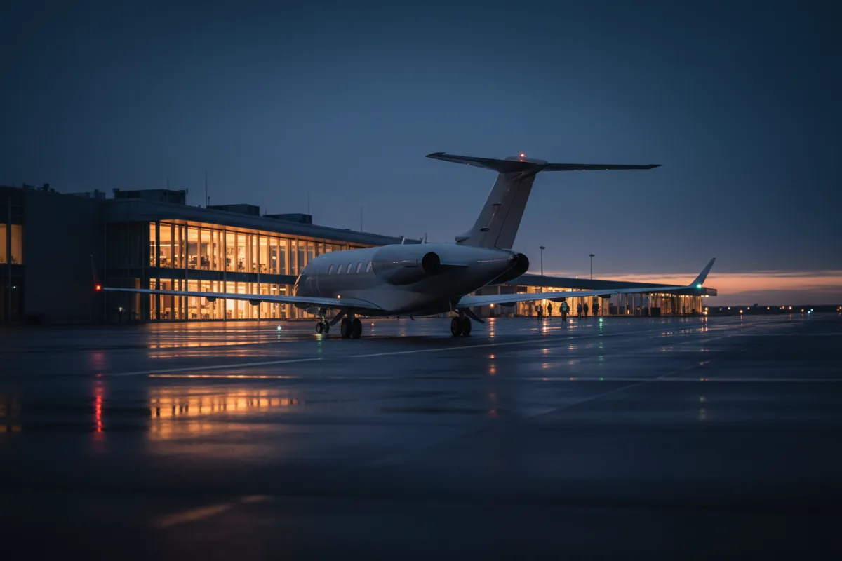 A private jet taxis on a runway toward a modern terminal building at dusk.