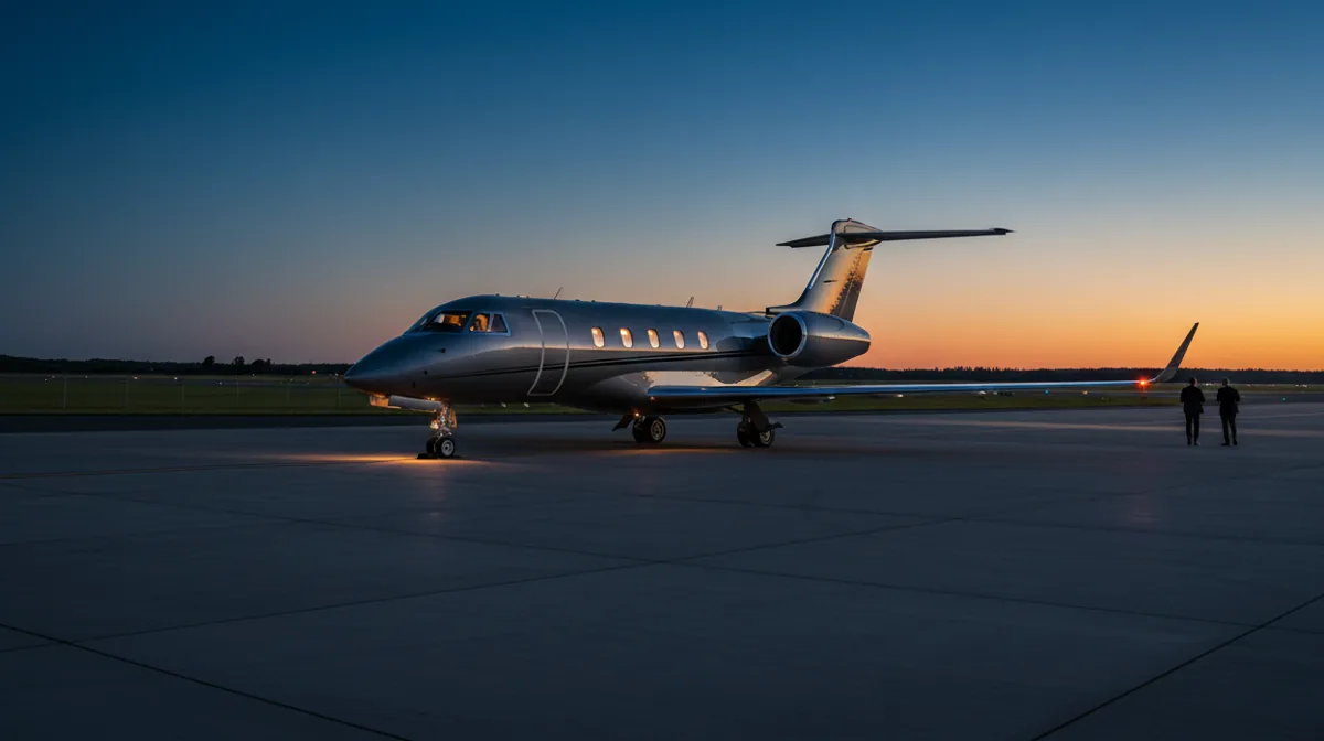 A light business jet parked on an empty apron under a clear blue sky.